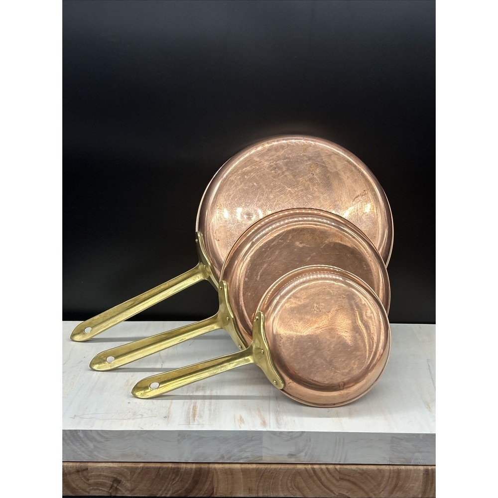 Vintage Copper Frying 8" 10" 6"Set Made In Portugal Brass Handles-tin Line
